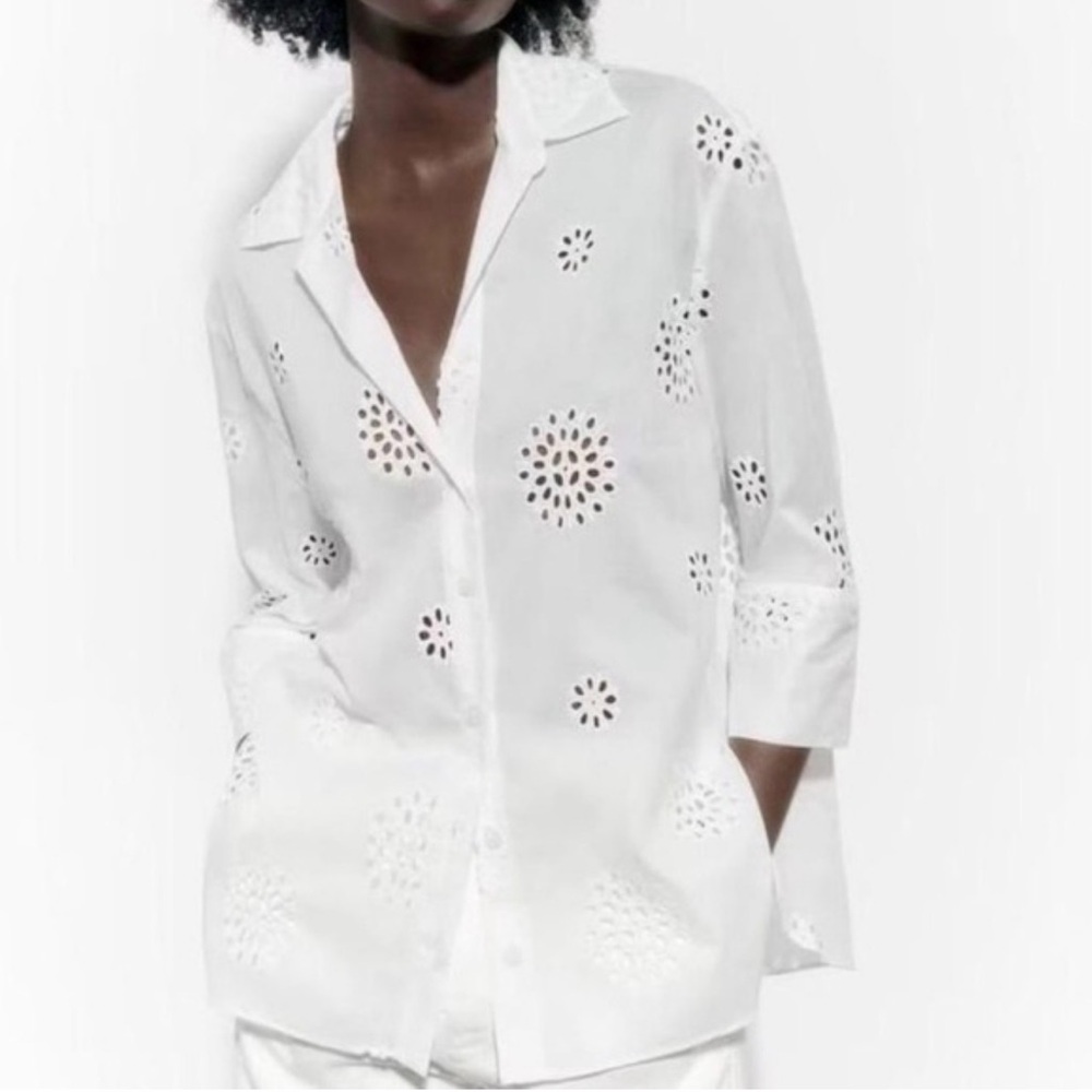 Zara White womens eyelet Casual Button Down Shirt